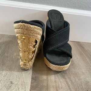 Tory Burch Black canvas wedges